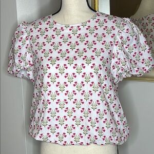 Shop the Mint Boutique Floral Puff Sleeve Blouse - White and Pink